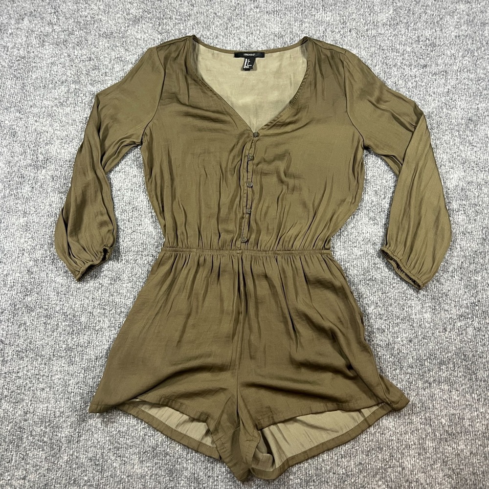 Forever 21 Romper Womens Small Olive Green Cinched Waist Button Front V Neck